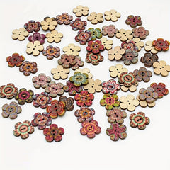 50pcs Painted Flowers Buttons Mixed Colors Wooden Buttons DIY Sewing Decoration