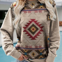 Vintage Ethnic Print Pullover Sweatshirt Long Sleeve Crew Neck