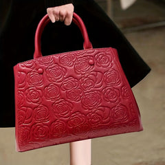 Floral Embossed Leather Tote Bag with Zipper Closure