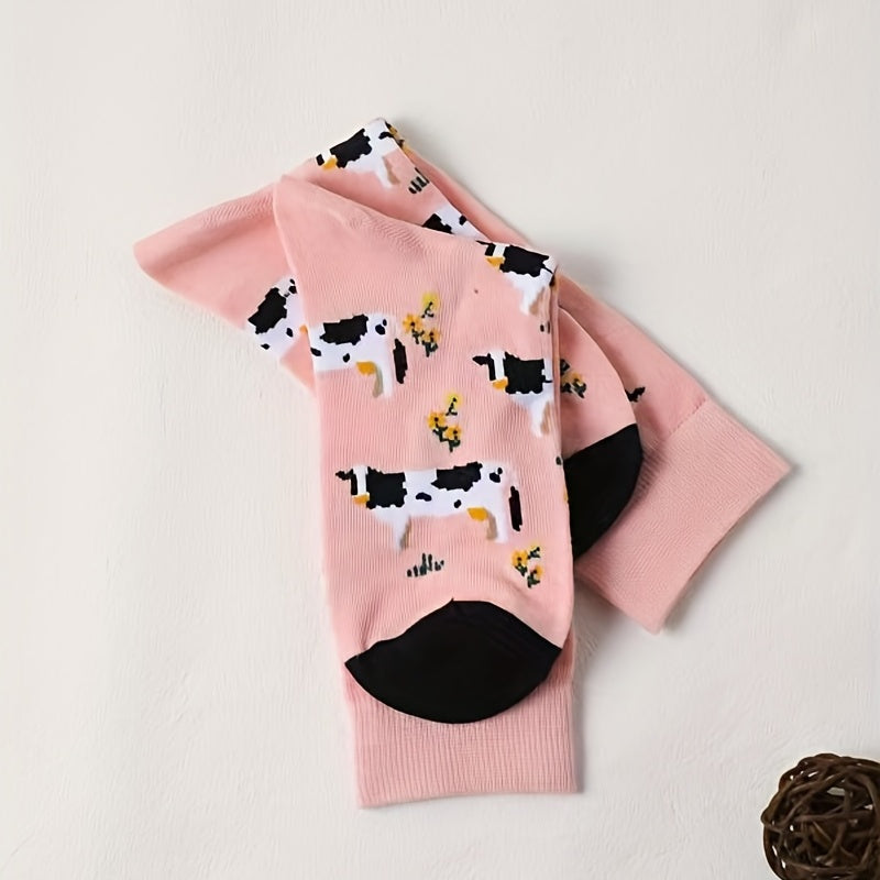 Cartoon Cow Print Socks Comfy & Mid Tube Women's Stockings