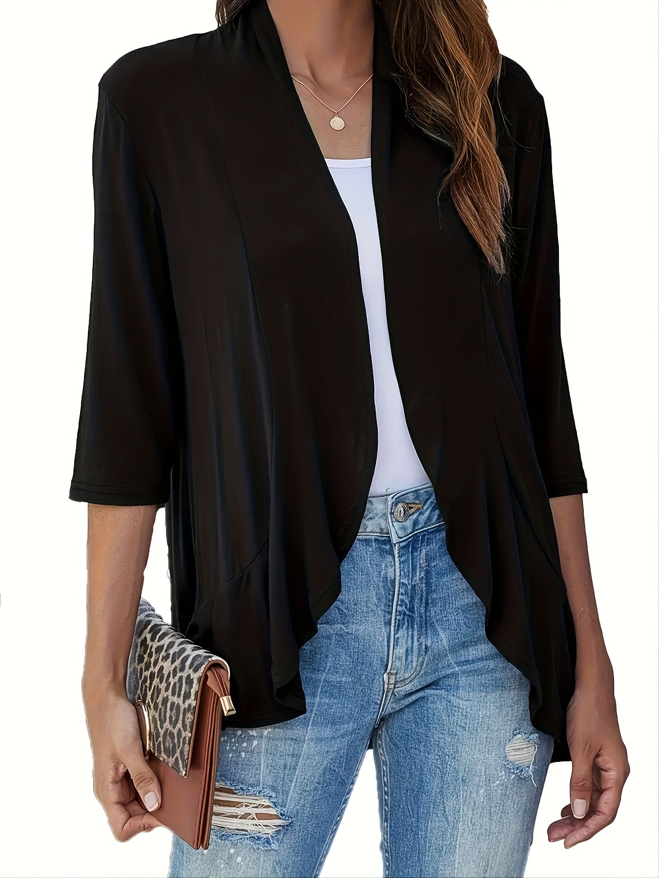Women's Solid Three Quarter Sleeve Open Front Cardigan