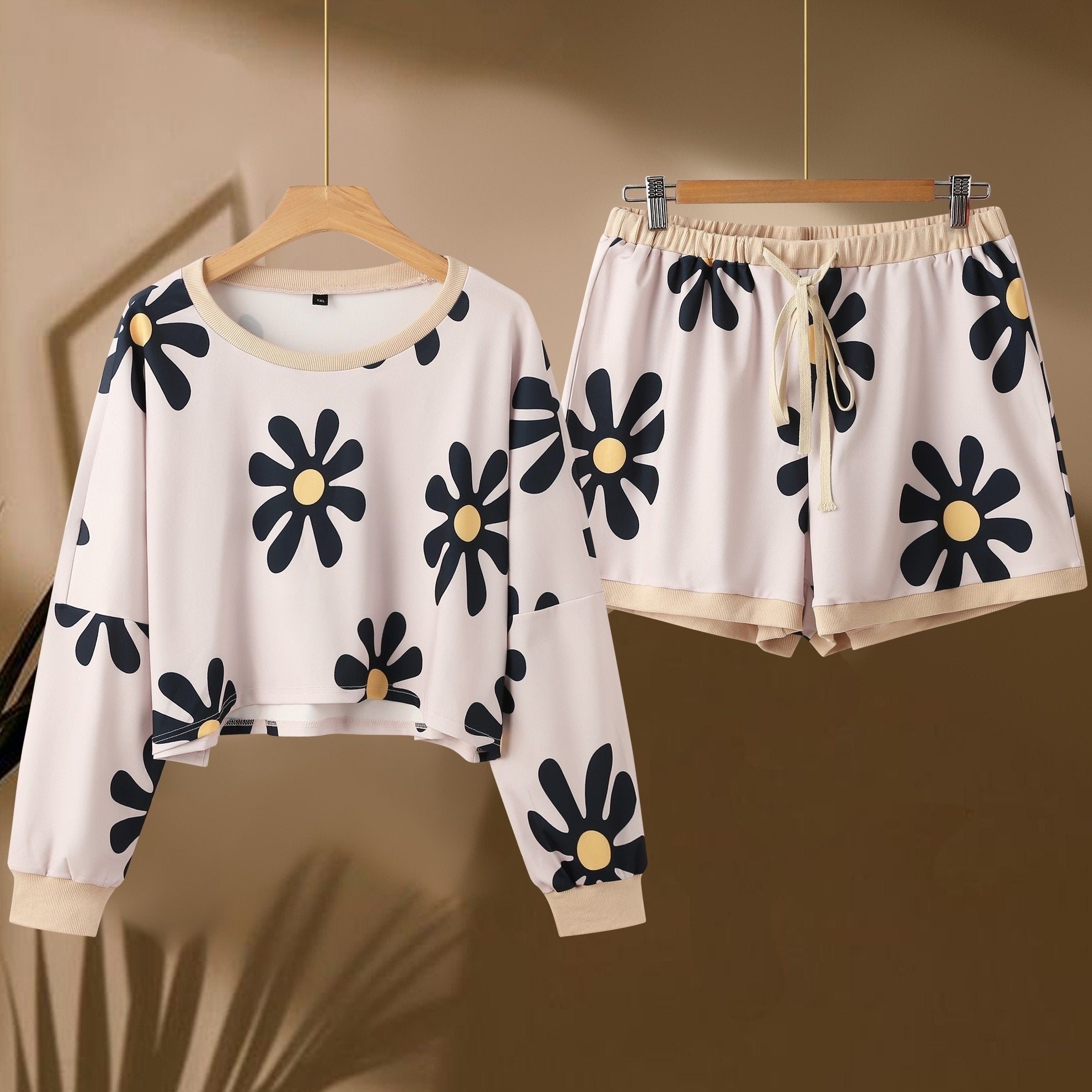 Women's Plus Floral Print Drop Shoulder Long Sleeve Round Neck Top & Shorts Set