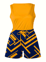 Women's Plus Geo Print V Neck Tank Top & Drawstring Shorts Outfit Set