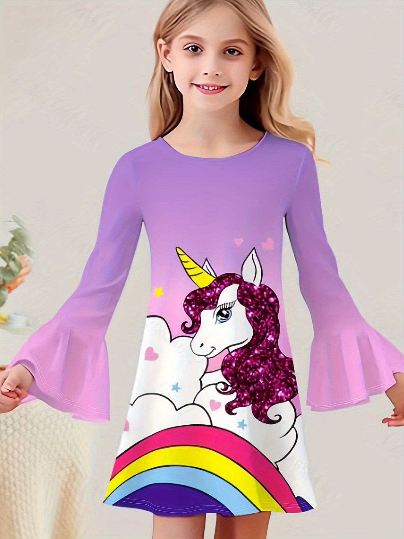 Girls Sweet Unicorn Graphic Crew Neck Long Sleeve Dress