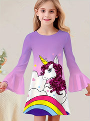 Girls Sweet Unicorn Graphic Crew Neck Long Sleeve Dress