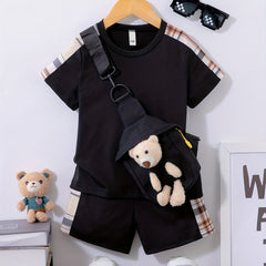 Boys Plaid Print T-shirt Top & Shorts & Bear Bag 3pcs Set