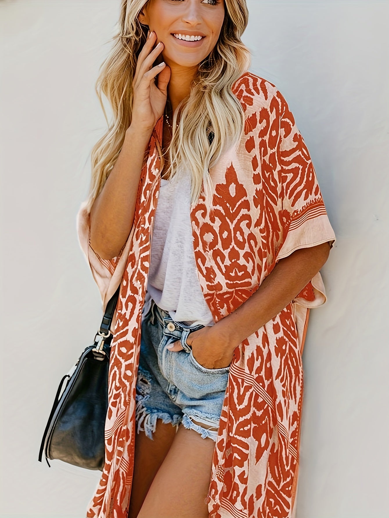 Pom Pom Half Sleeve Cover Up V Neck Soft Kimono Beach Blouse
