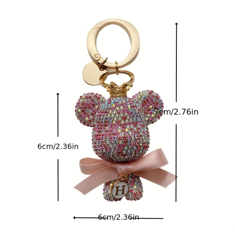 Rhinestone Big Bear Keychain with Bow Cartoon Keychain for Women