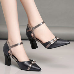 Flower Block Heel Dress Pumps, Point Toe, Buckle Strap