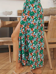 Floral Print Side Split Skirt Boho High Waist Pleated Skirt
