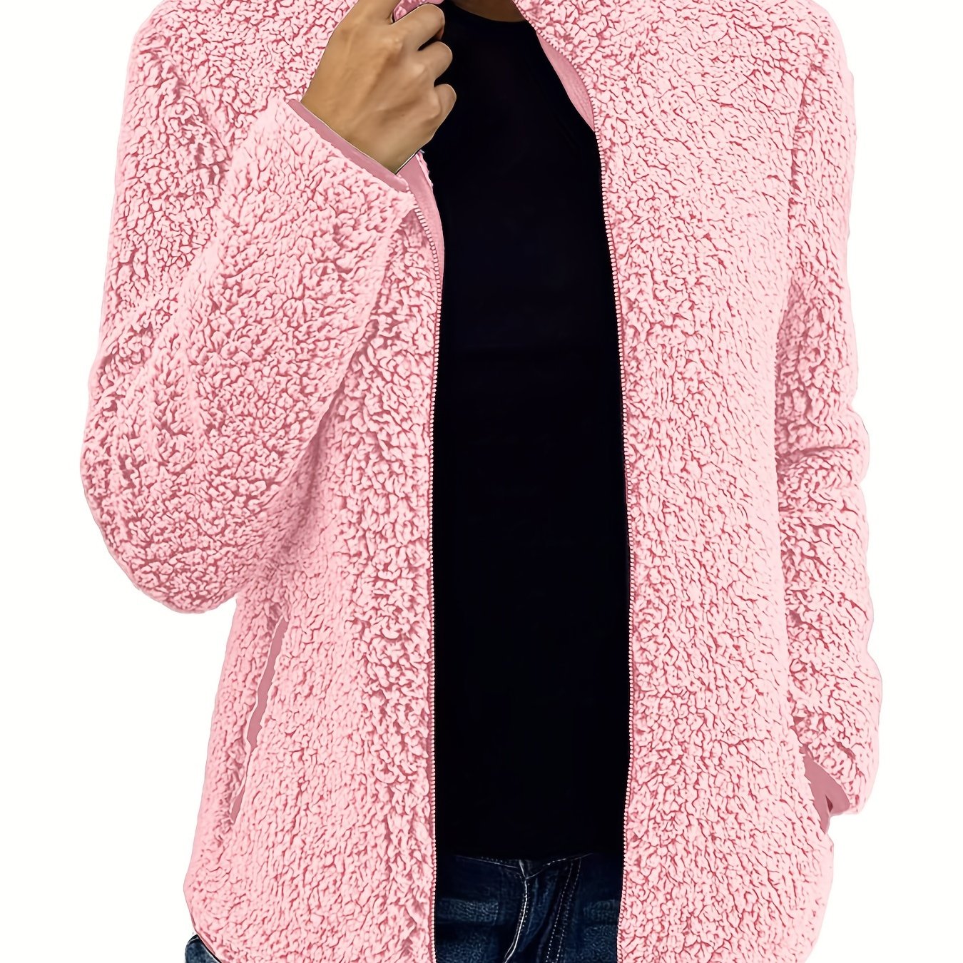 Solid Teddy Jacket Stand Collar Warm Outerwear Women's Clothing