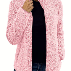 Solid Teddy Jacket Stand Collar Warm Outerwear Women's Clothing