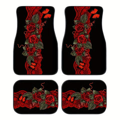 4pcs Rose Flowers Car Seat Cover Set, Front and Rear Seat Mat