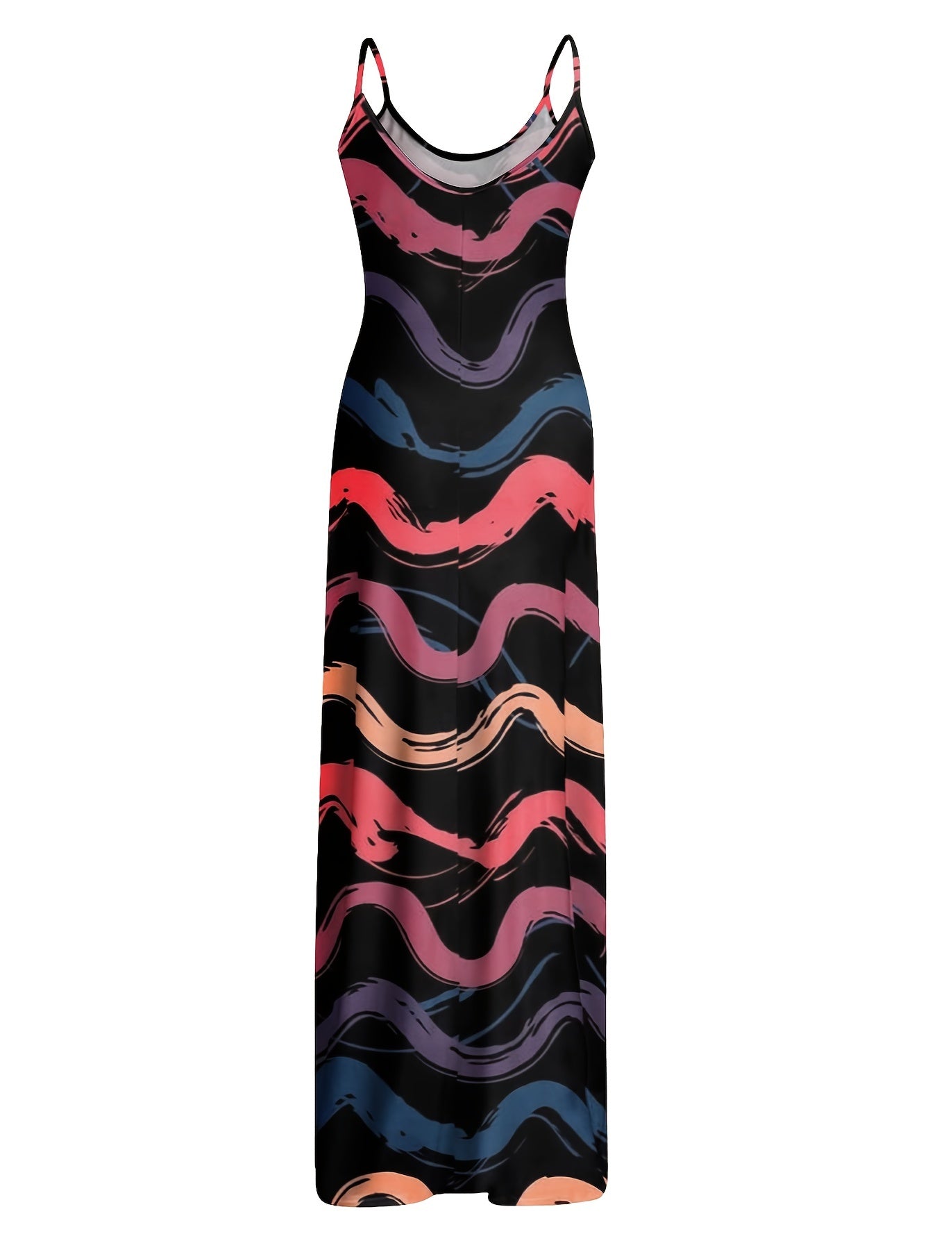 Rainbow Stripe Print Sleeveless Spaghetti Dress Bohemian Maxi Summer Party Dress