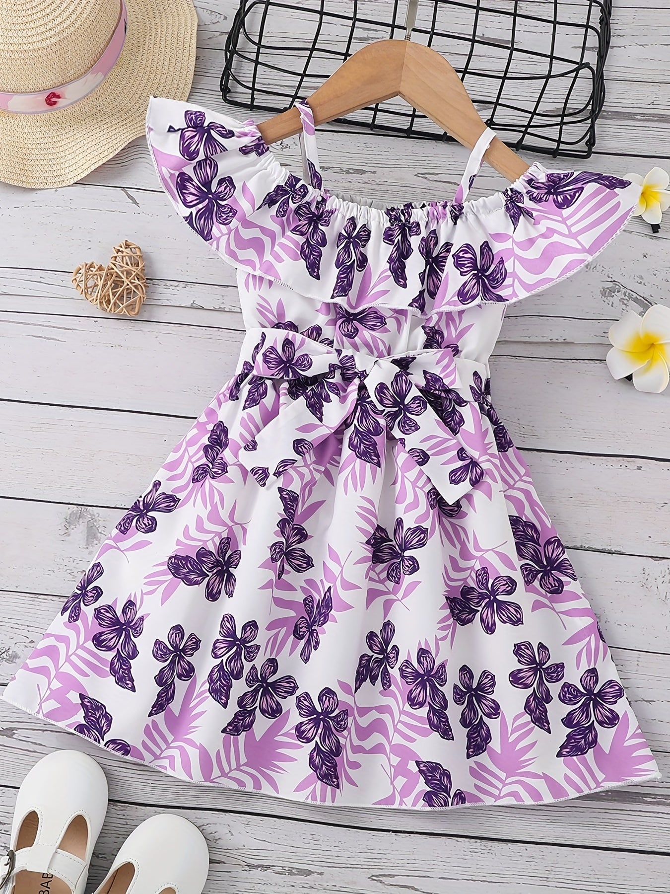 Toddler Girls Ruffle Trim Cold Shoulder Flower Graphic Princess Dress