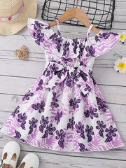 Toddler Girls Ruffle Trim Cold Shoulder Flower Graphic Princess Dress