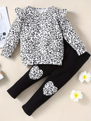 Girl's Leopard Top & Leggings Set Heart Patched Outfit Spring Fall