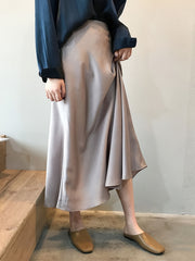 Vintage Satin Maxi Skirt High Waist Summer Casual Solid Retro Style