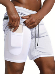 Men's Double Layer Stretch Sports Shorts with Inner Pocket