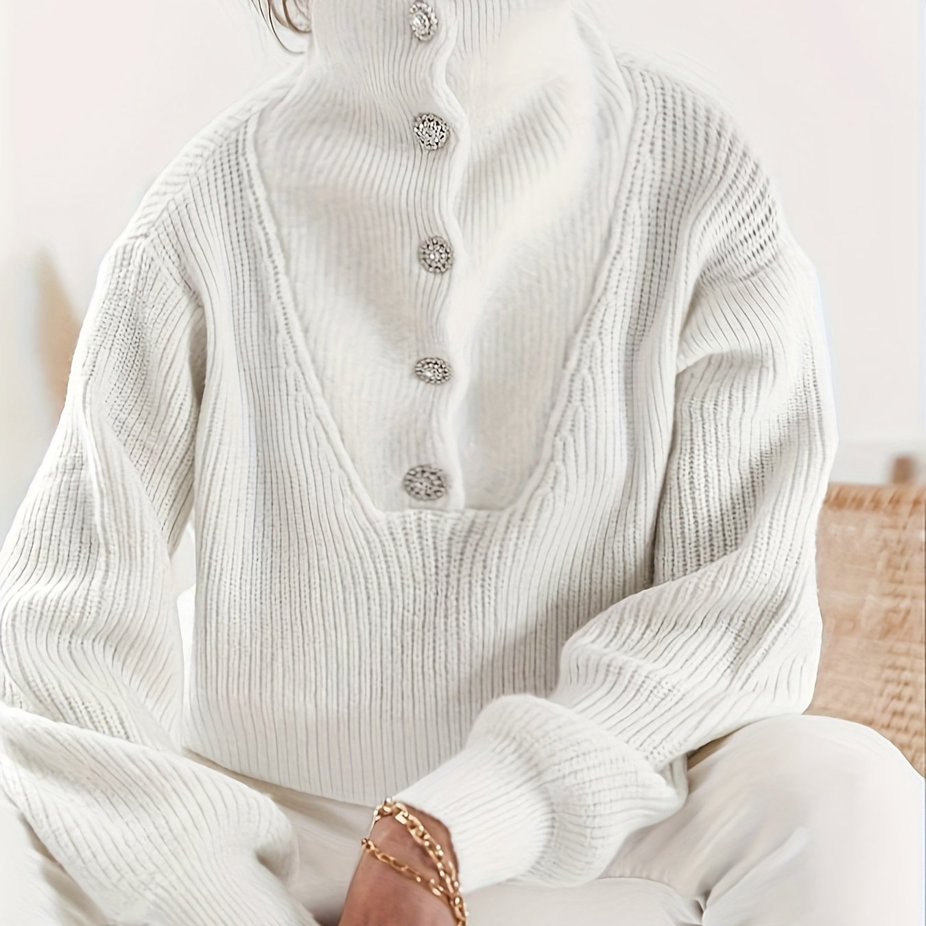 Casual Sweater Solid Button Up Long Sleeve High Neck Jumper