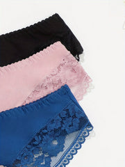 6pk Plus Size Sexy Panties Set Women's Contrast Lace Trim Stretch Briefs