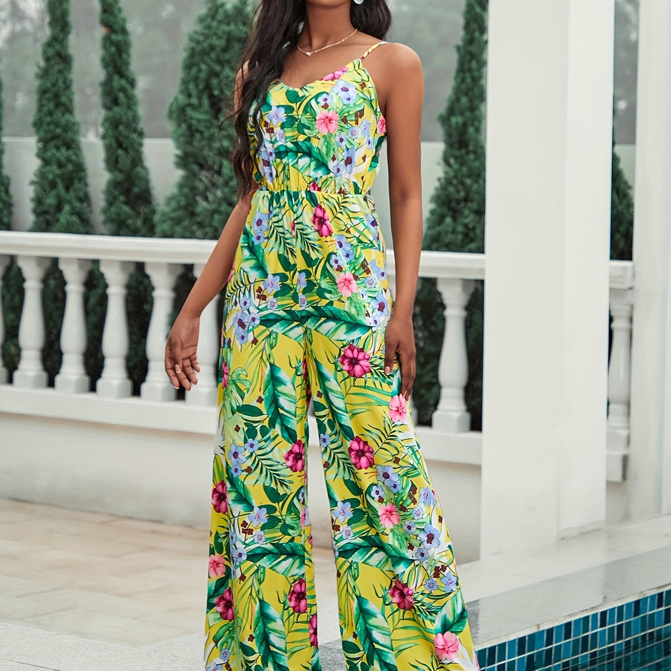 Floral Print Cami Jumpsuit Vacation Wide Leg Sleeveless V Neck Jumpsuit