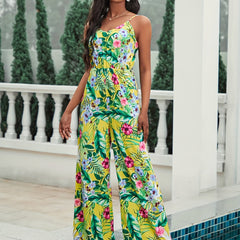 Floral Print Cami Jumpsuit Vacation Wide Leg Sleeveless V Neck Jumpsuit