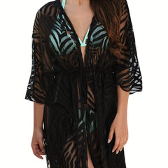 V Neck Cover Up Shirt Semi Sheer Long Sleeves Casual Cardigan