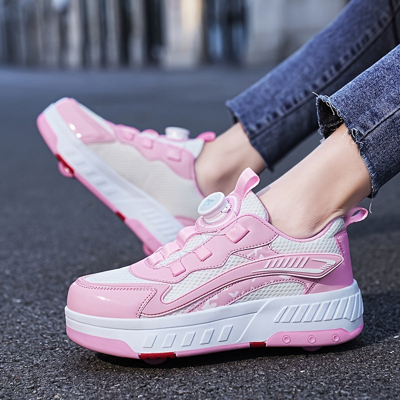 Girl's Roller Shoes With Rotating Buckle - Wheel Skate Sneakers