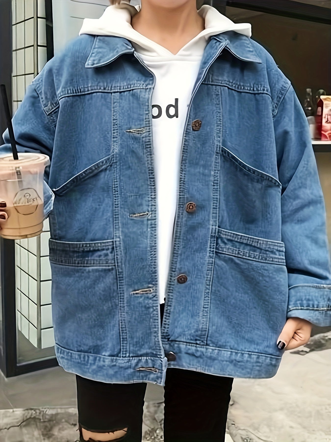 Preppy Denim Jacket Women's Plus Button Up Lapel Collar Denim Coat