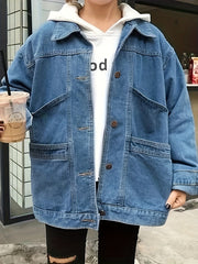Preppy Denim Jacket Women's Plus Button Up Lapel Collar Denim Coat