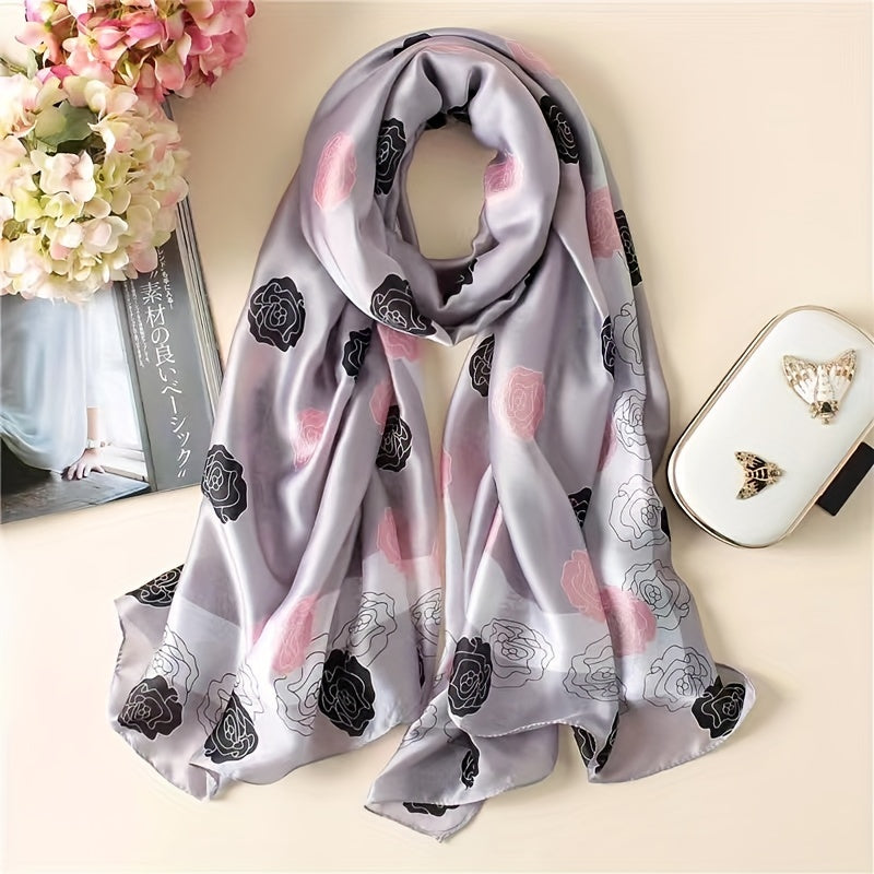 Camellia Print Scarf Satin Shawl Thin Breathable Hijab Silk Head Wrap