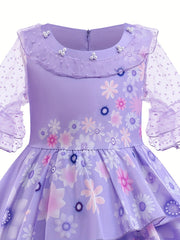 Girls Magic Princess Dress Polka Dots Flare Lace Sleeve Prom Party Dress Gloves