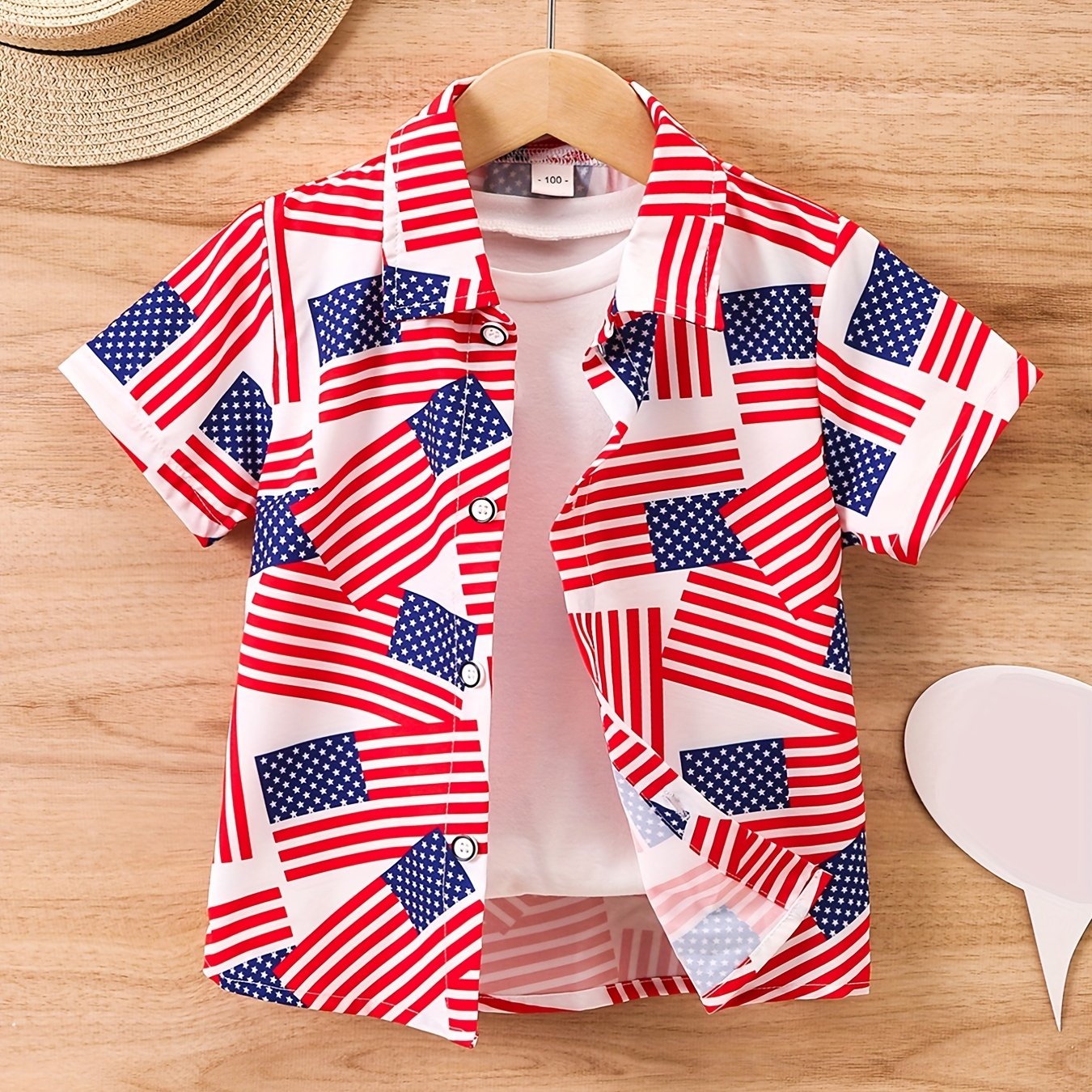 American Flags Print Short Sleeves Shirt for Kids