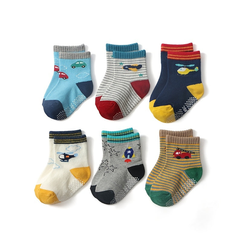 6 Pairs Baby Boys Cartoon Airplane and Car Print Crew Socks