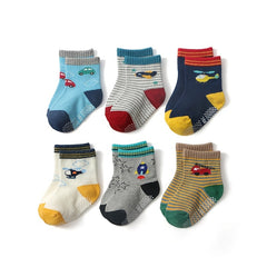 6 Pairs Baby Boys Cartoon Airplane and Car Print Crew Socks