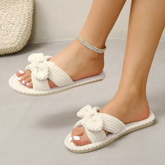 Striped Print House Slippers Bow Tie Open Toe Creamy Flat Home Slides