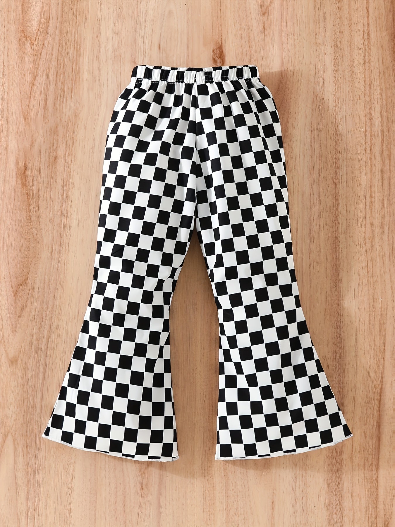 Girls Plaid Print Flare Leg Pants Elastic Waist Trousers