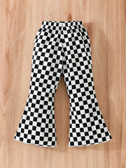 Girls Plaid Print Flare Leg Pants Elastic Waist Trousers