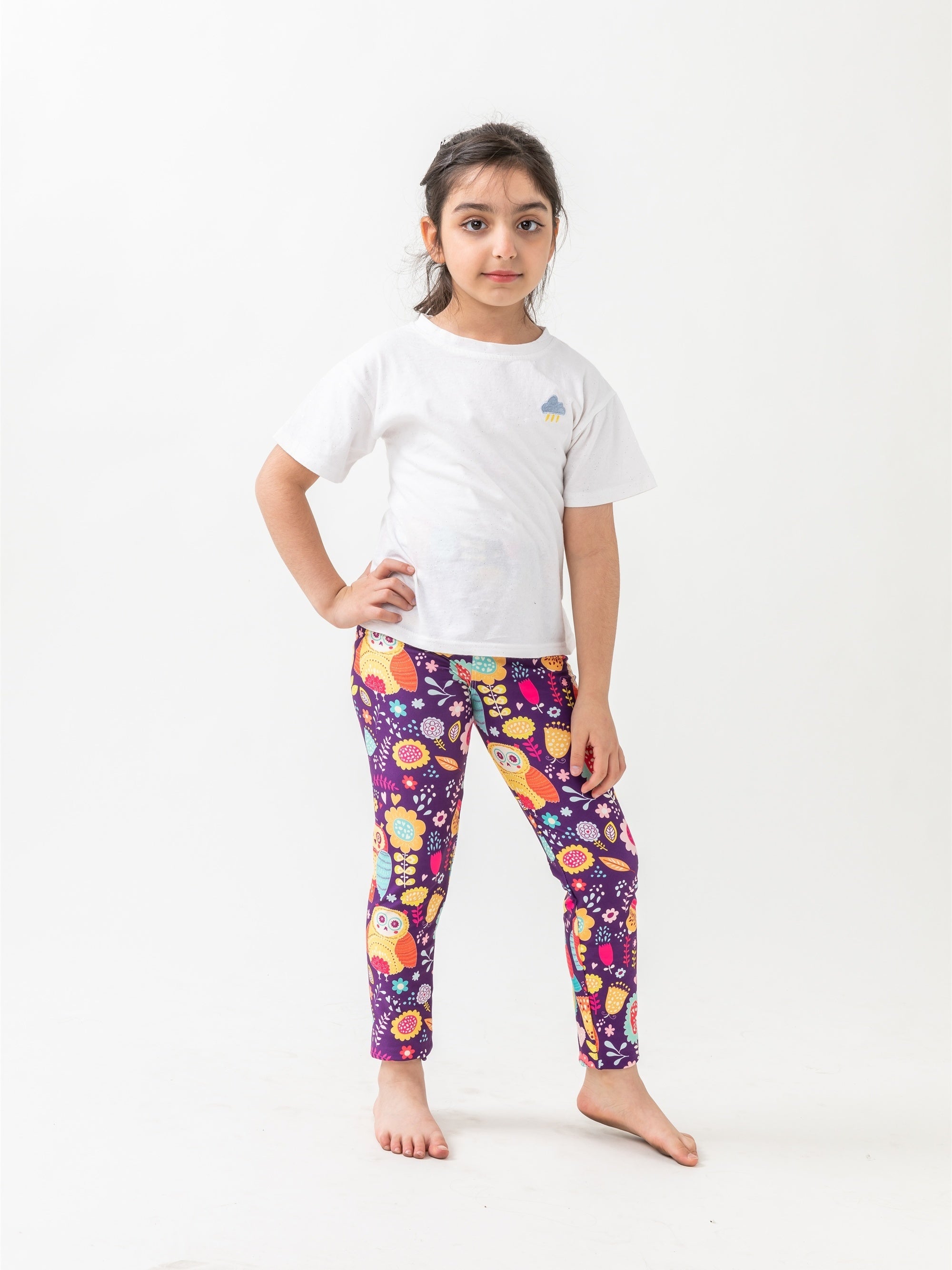 Girls High Stretch Soft Leggings Owls And Flowers Pattern