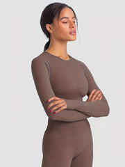 2Pcs Seamless Yoga Suit Long Sleeve Top & High Waist Leggings Set
