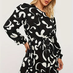 Graffiti Print Long Sleeve Dress with Belt
