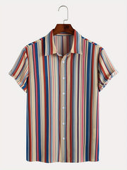 Vertical Striped Lapel Short Sleeve Button Up Shirt for Men