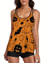 Halloween Tankini Set Women's Plus Ghost & Pumpkin Print Swimwear