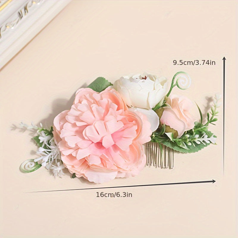Floral Pink Hair Comb Green Leaves Wedding Bridal Hairstyle Photography Prop