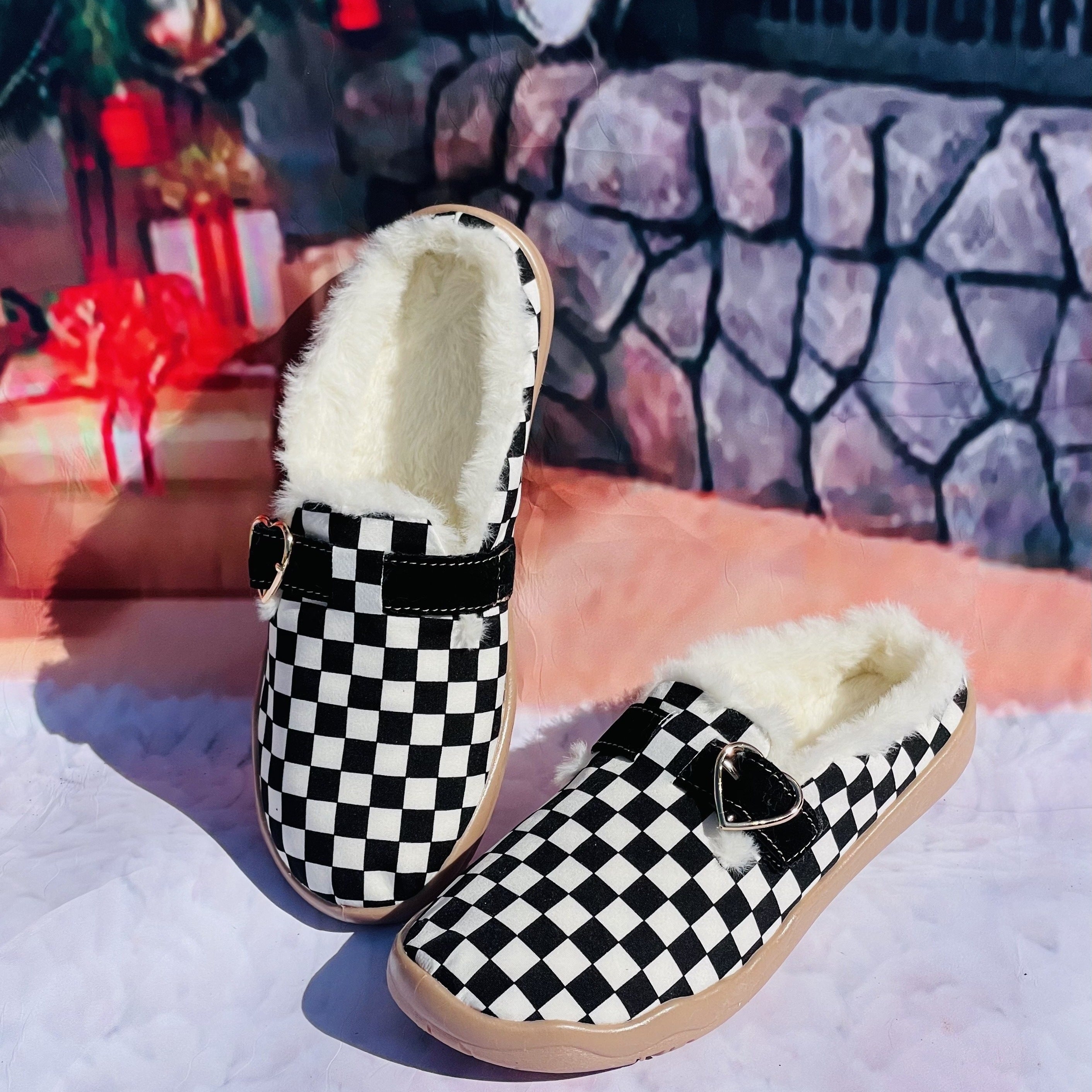 Women's Plaid Furry Slip On Shoes Warm Comfortable Lightweight