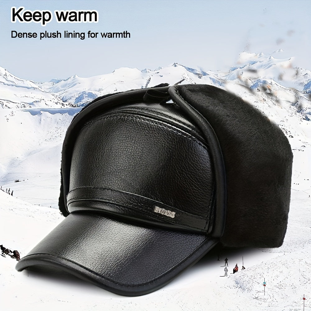 Men's Leather Baseball Cap With Earflaps Winter Warm Hat
