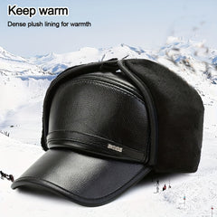 Men's Leather Baseball Cap With Earflaps Winter Warm Hat