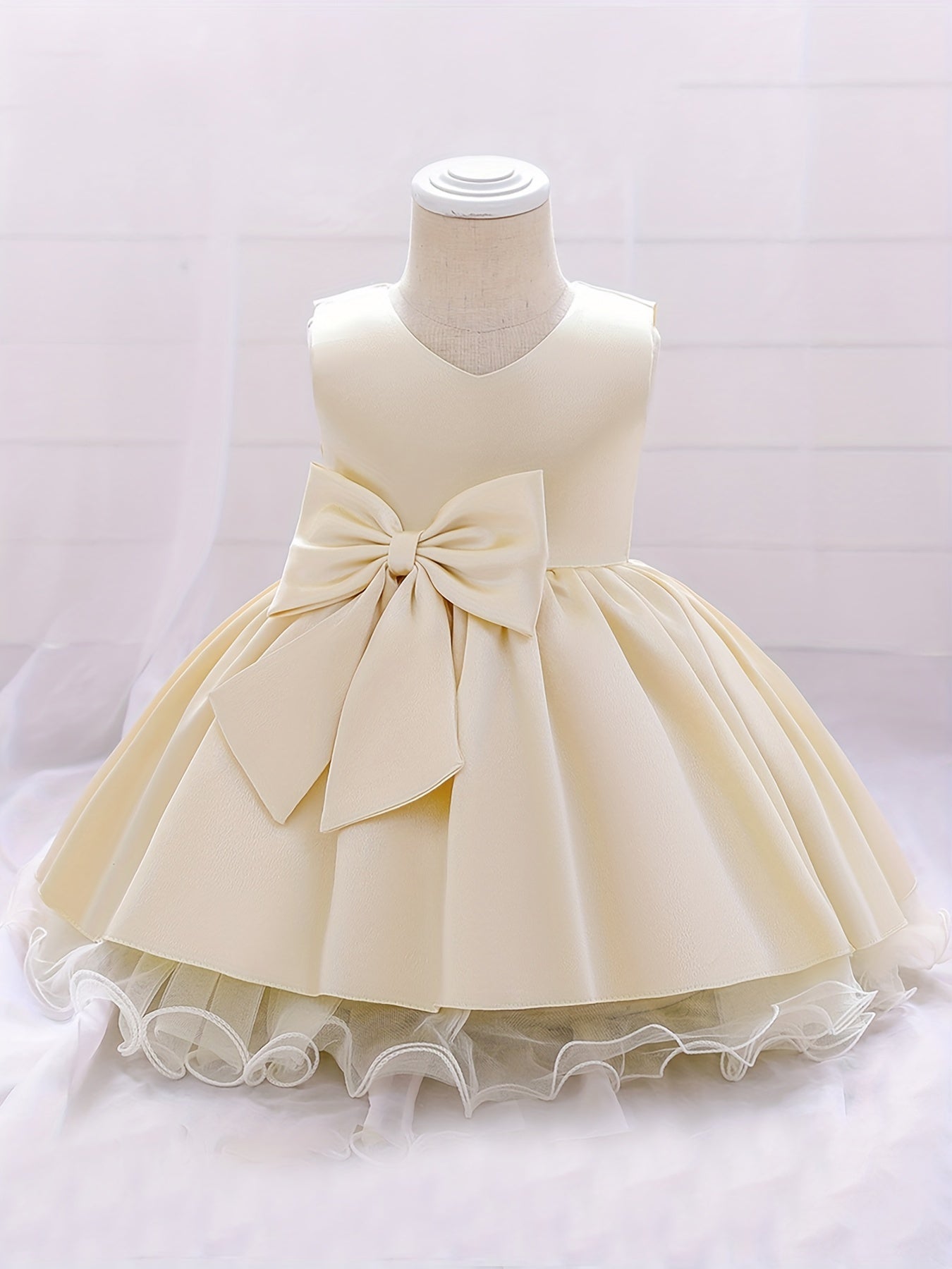 Baby Girls Princess Dress with Bowknot V Neck Mesh Trim