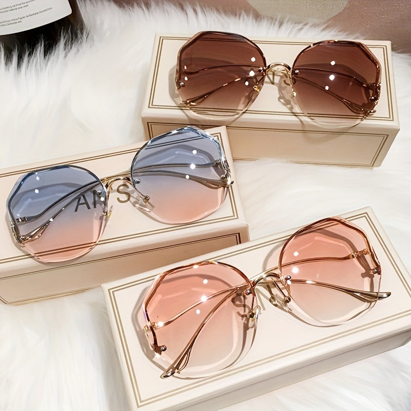 Ombre Lens Rimless Sunglasses Metal Temple Glasses UV400